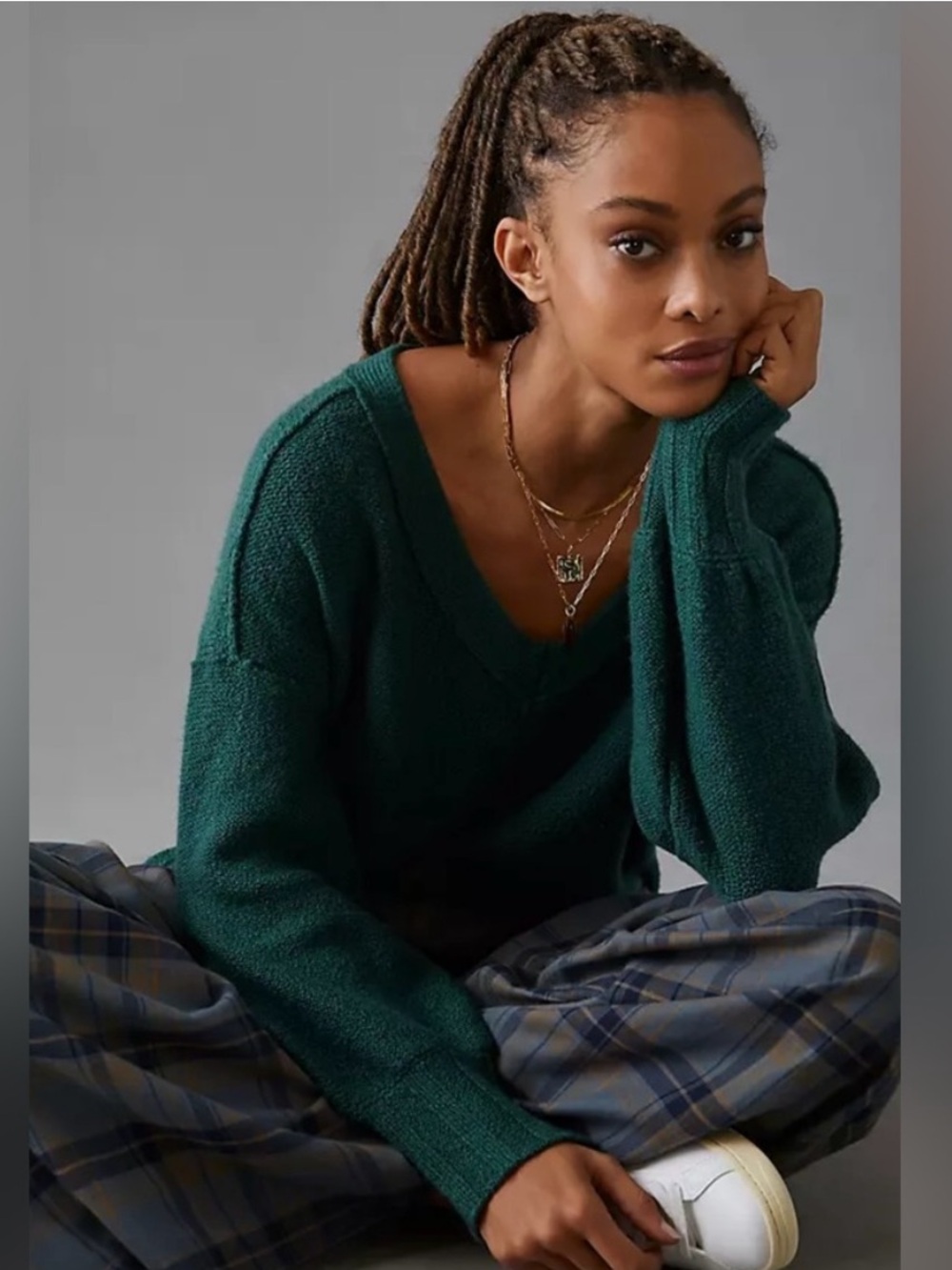 Pilcro Anthropologie Deep Green V-Neck Sweater Textured Knit Medium